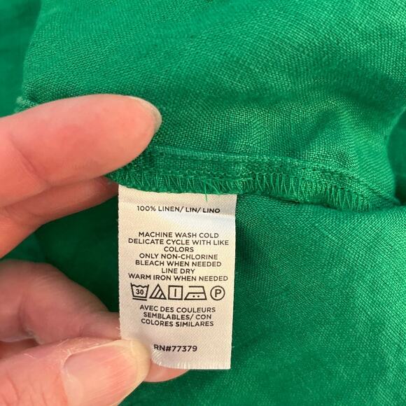 Ann Taylor 100% Linen Kelly Green Roll Tab Sleeve Button Up Top Size Small Prep - Picture 4 of 6
